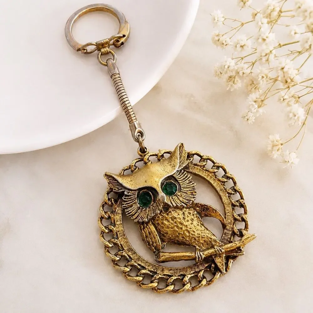 Vintage 1970s Estate Find Owl Keychain Green Rhinestone Eyes Figural Retro Boho